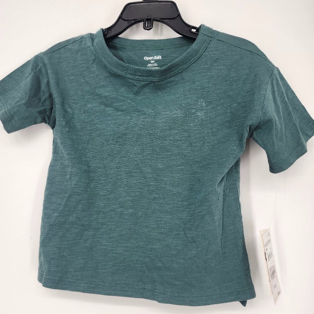 Open Edit Baby Short Sleeve Crew Neck T-Shirt Side Slit Ivory Green Size 18M NWT